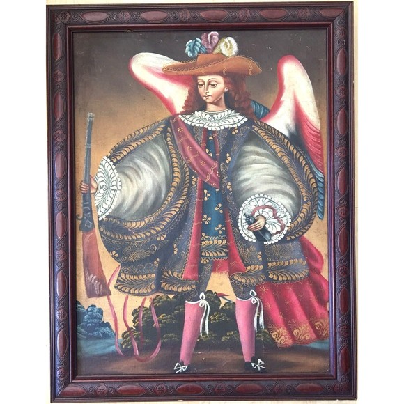 Cusco Peru Painting Archangel Warrior Acabucero Antique Art Oil on Canvas Framed - Picture 2 of 9
